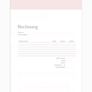 May include: A blank invoice template in a light pink color with the word "Rechnung" at the top. The template includes fields for item description, price, quantity, and total. It also includes fields for subtotal, discount, shipping, sales tax, and grand total.