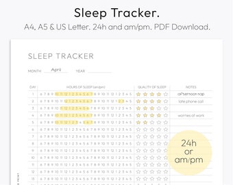 以下が含まれることがあります： 「24h または am/pm」と書かれた黄色の円がある、印刷可能な睡眠トラッカー。トラッカーには、月の曜日、睡眠時間、睡眠の質、メモの列があります。睡眠の質は星5つで評価されます。