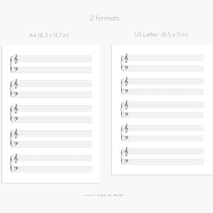 May include: Two printable music staff sheets in A4 (8.3 x 11.7 inches) and US Letter (8.5 x 11 inches) sizes. Each sheet has five blank music staves with treble clefs.