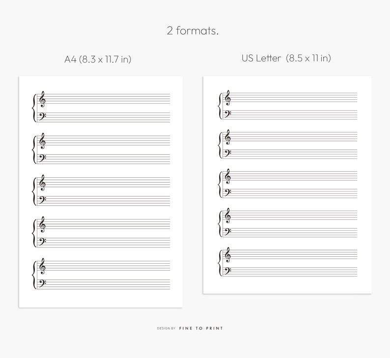 May include: Two printable music staff sheets in A4 (8.3 x 11.7 inches) and US Letter (8.5 x 11 inches) sizes. Each sheet has five blank music staves with treble clefs.