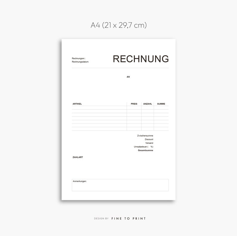 Puede incluir: Una plantilla de factura imprimible en blanco y negro para papel A4 (21 x 29,7 cm). La plantilla incluye secciones para art&iacute;culo, precio, cantidad, suma, subtotal, descuento, env&iacute;o, impuestos y total.