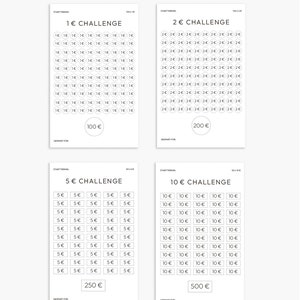 May include: Four printable challenge cards with different amounts of money. The cards are black and white and feature a grid of circles with the amount of money written inside each circle. The cards are labeled with the amount of money and the total amount to be saved. The cards are designed by Fine to Print.