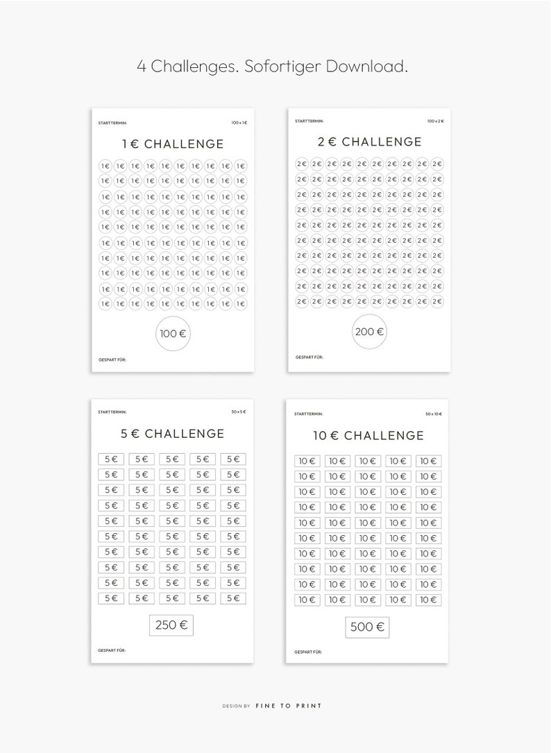 May include: Four printable challenge cards with different amounts of money. The cards are black and white and feature a grid of circles with the amount of money written inside each circle. The cards are labeled with the amount of money and the total amount to be saved. The cards are designed by Fine to Print.
