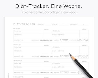 May include: A black and white printable diet tracker for one week. The tracker includes sections for daily calorie intake, exercise, water consumption, and mood. The text on the page reads "Diät-Tracker. Eine Woche. Kalorienzähler. Sofortiger Download."