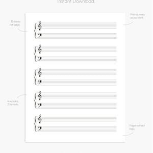 May include: Printable sheet music paper with 10 staves per page. The paper features a treble clef and a bass clef. The text "Instant Download" and "Print as many as you want" is included on the page. The text "Design by Fine to Print" is at the bottom of the page.