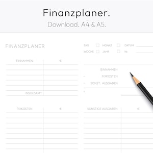 Puede incluir: Un planificador de presupuesto imprimible en blanco y negro con el título "FINANZPLANER" y el texto "Download. A4 & A5." en la parte superior. El planificador está dividido en secciones para ingresos, costos fijos y otros gastos.