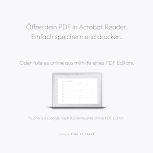 Puede incluir: Un ordenador port&aacute;til blanco con un planificador diario abierto en la pantalla. El texto en la pantalla dice "DAILY PLANNER". El texto debajo del port&aacute;til dice "*Suche auf Google nach (kostenlosem) online PDF Editor." y "DESIGN BY FINE TO PRINT".
