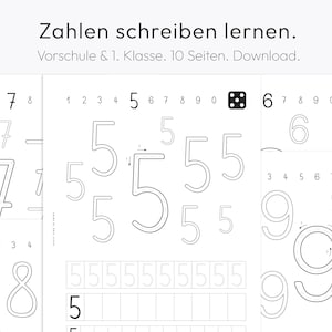 May include: Black and white worksheet for learning to write the numbers 5, 6, 7, 8, and 9. The worksheet includes practice lines for tracing the numbers and examples of how to write each number.