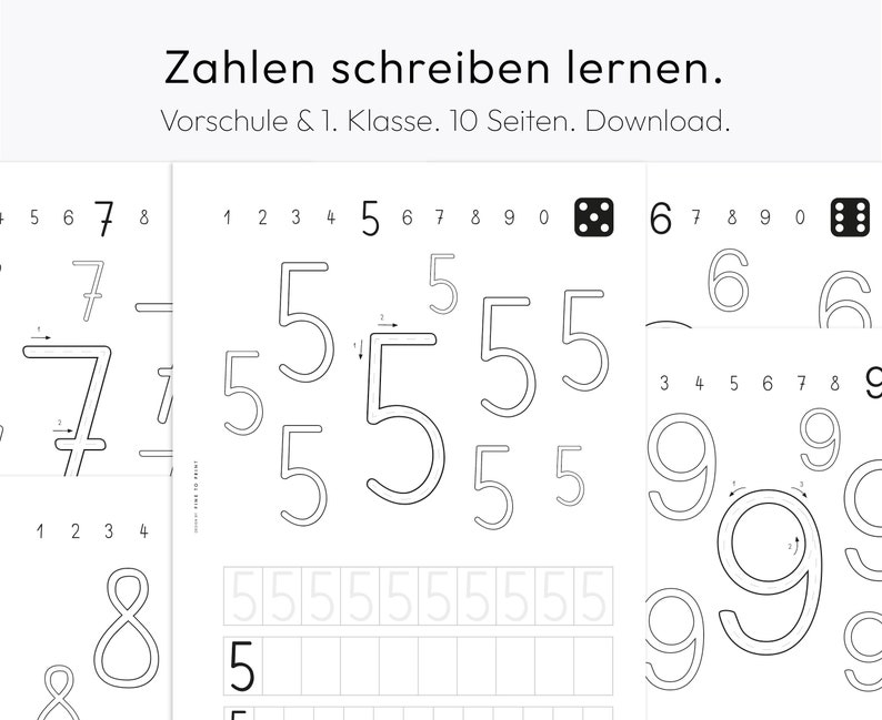May include: Black and white worksheet for learning to write the numbers 5, 6, 7, 8, and 9. The worksheet includes practice lines for tracing the numbers and examples of how to write each number.