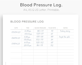 Blood Pressure Log, Blood Pressure Tracker, Monitor, Health Planner, Pulse Rate, Heart, Hypertension Log, Instant Download PDF, A4, Letter