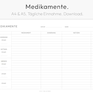 Medicatietracker, tabel, regelmatige medicatie-inname, downloadbare pdf, dagschema, A4, Duits