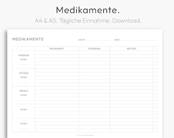 Medication Tracker, Chart, Regular Medication Intake, Downloadable PDF, Daily Plan, A4, German
