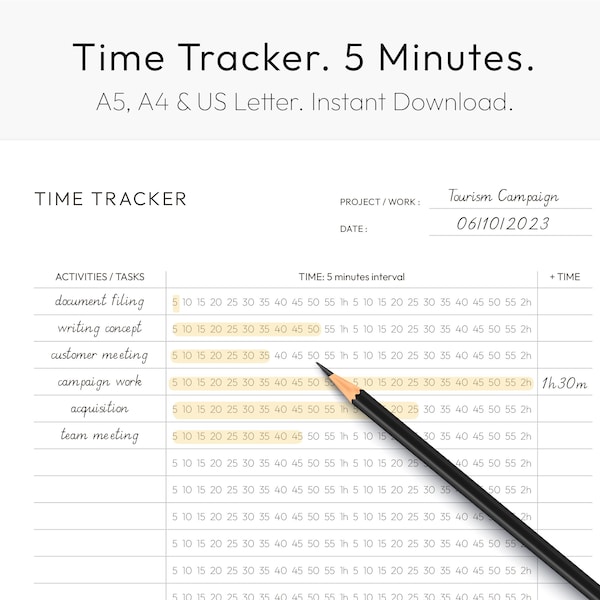 Time Tracker Printable, 5 Minutes Interval, Time Log, Time Management, Activity Tracker, Template, A5 Planner Inserts, PDF Download, Letter