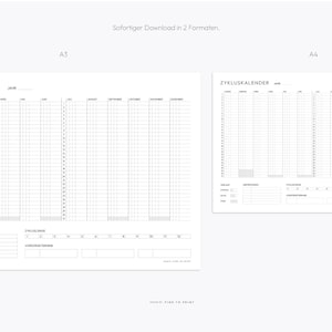 Puede incluir: Un calendario de ciclo imprimible en blanco y negro en tama&ntilde;os A3 y A4. El calendario est&aacute; dividido en meses y d&iacute;as, con espacio para realizar un seguimiento de la informaci&oacute;n del ciclo. El texto "ZYKLUSKALENDER" est&aacute; en la parte superior del calendario.