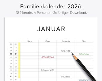 Familienplaner, Familienkalender, 2026, Wandkalender, Kalendervorlage, Monatskalender, zum Ausdrucken, Download, Deutsch, A4, A3