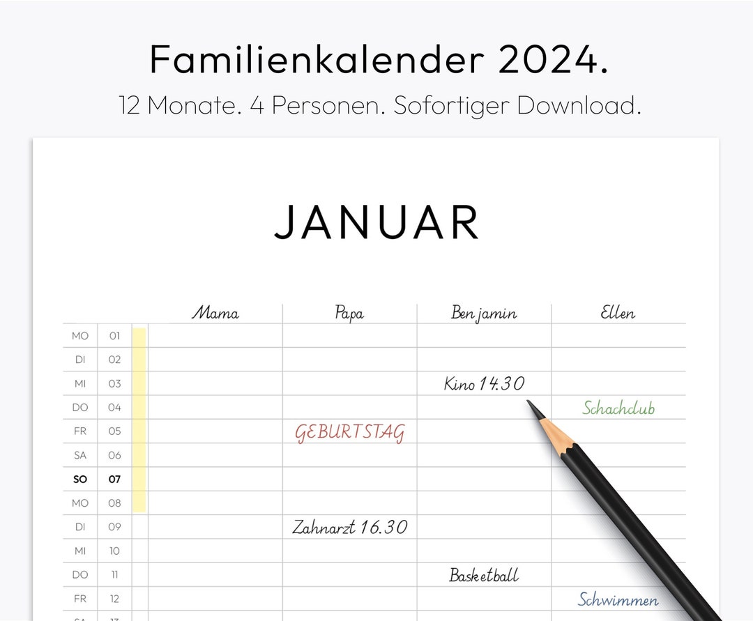 Familienplaner, Familie Kalender, 2024, Wandkalender, Kalendervorlage 