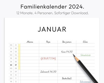 Family Calendar, Planner, 2024, Wall Calendar, Family Organization, Monthly Calendar, Download, A4, A3, German