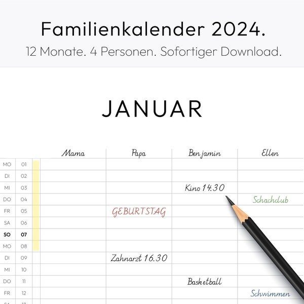 Familienplaner, Familie Kalender, 2024, Wandkalender, Kalendervorlage, Monatskalender, zum Ausdrucken, Download, Deutsch, A4, A3