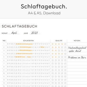 Schlaftagebuch, Monat, Schlafzeiten Vorlage, Schlaf Tabelle, zum Ausdrucken, Deutsch