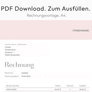 May include: A blank invoice template in a light pink color scheme. The template includes fields for invoice number, invoice date, item description, price, quantity, and total. The text "Rechnung" is at the top of the template, which is German for "Invoice".