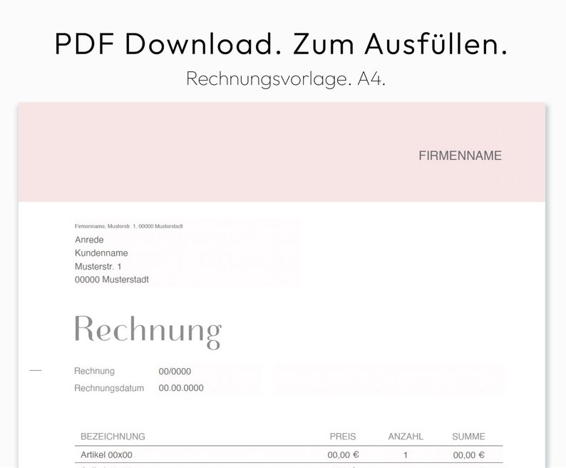 May include: A blank invoice template in a light pink color scheme. The template includes fields for invoice number, invoice date, item description, price, quantity, and total. The text "Rechnung" is at the top of the template, which is German for "Invoice".