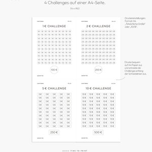 May include: A printable worksheet with four different coin challenges. Each challenge has a grid of circles with a coin value printed inside each circle. The challenges are for 1 euro, 2 euros, 5 euros, and 10 euros. The total value of each challenge is printed below the grid. The text "4 Challenges on an A4 page (4 x A6)" is printed at the top of the page. The text "Druckereinstellungen: Format: A4 Tats&auml;chliche Gr&ouml;&szlig;e" or 100% is printed on the right side of the page. The text "Drucke bequem auf A4 Papier aus und schneide die Challenges entlang der Schneidelinien aus." is printed on the right side of the page.