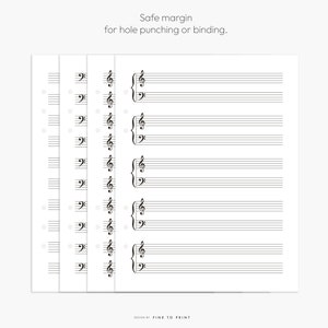 May include: Printable sheet music paper with a treble clef and staff lines. The paper has a safe margin for hole punching or binding. The text "DESIGN BY FINE TO PRINT" is at the bottom of the page.