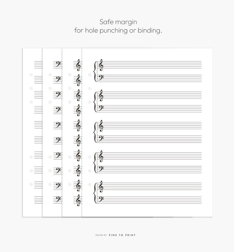 May include: Printable sheet music paper with a treble clef and staff lines. The paper has a safe margin for hole punching or binding. The text "DESIGN BY FINE TO PRINT" is at the bottom of the page.