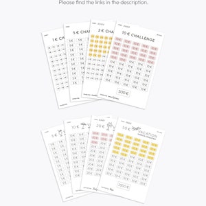 May include: Five printable sheets with a savings challenge theme. Each sheet has a different denomination of Euros: 1 Euro, 5 Euros, 2 Euros, 10 Euros, 20 Euros, and 50 Euros. Each sheet has a title, a small icon, and a grid of circles with the denomination printed inside each circle. The sheets are designed to help people save money for a vacation.