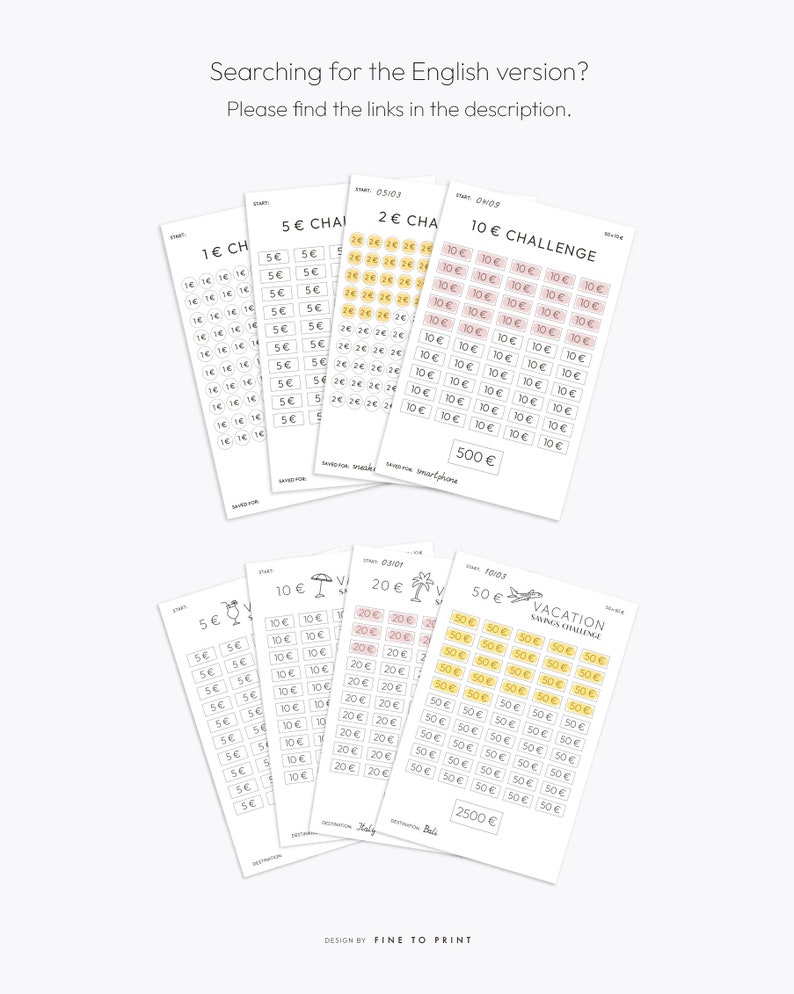 May include: Five printable sheets with a savings challenge theme. Each sheet has a different denomination of Euros: 1 Euro, 5 Euros, 2 Euros, 10 Euros, 20 Euros, and 50 Euros. Each sheet has a title, a small icon, and a grid of circles with the denomination printed inside each circle. The sheets are designed to help people save money for a vacation.