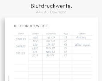 Blutdruck, Blutdruckwerte Vorlage, Blutdruck Tabelle, Puls, Bluthochdruck, Download, PDF