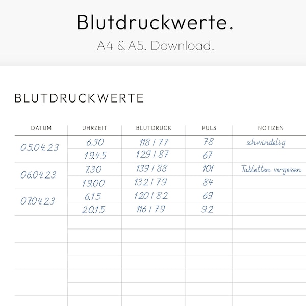 Blutdruck, Blutdruckwerte Vorlage, Blutdruck Tabelle, Puls, Bluthochdruck, Download, PDF