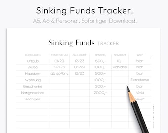 Sinking Funds Tracker, Savings Challenge, Cash Envelope Stuffing, Downloadable PDF, Printable, A6, Personal, Planner Template, German