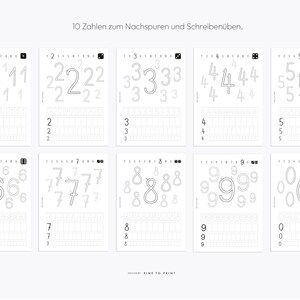 May include: Black and white worksheet with 10 different number tracing exercises. Each number is shown at the top of the page with a grid below for tracing practice. The text at the top of the page reads "10 Zahlen zum Nachspuren und Schreiben&uuml;ben."