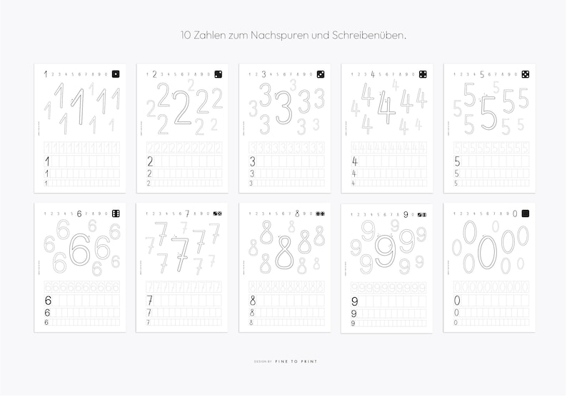 May include: Black and white worksheet with 10 different number tracing exercises. Each number is shown at the top of the page with a grid below for tracing practice. The text at the top of the page reads "10 Zahlen zum Nachspuren und Schreiben&uuml;ben."