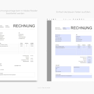 Puede incluir: Una plantilla de factura azul y blanca con la palabra "RECHNUNG" en la parte superior. La plantilla est&aacute; dise&ntilde;ada para ser rellenada con informaci&oacute;n sobre un cliente y su pedido. La plantilla incluye campos para el nombre del cliente, la direcci&oacute;n y los detalles del pedido. La plantilla tambi&eacute;n incluye una secci&oacute;n para el total de la factura.