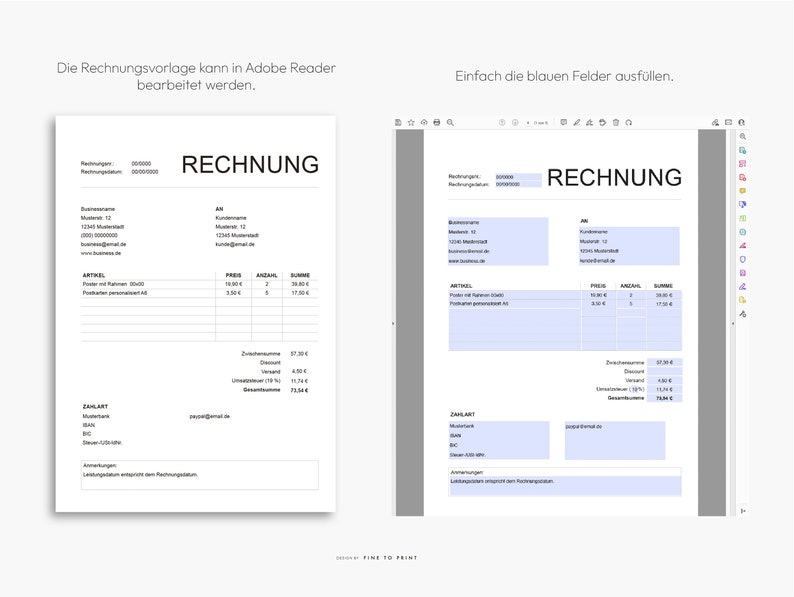 Puede incluir: Una plantilla de factura azul y blanca con la palabra "RECHNUNG" en la parte superior. La plantilla est&aacute; dise&ntilde;ada para ser rellenada con informaci&oacute;n sobre un cliente y su pedido. La plantilla incluye campos para el nombre del cliente, la direcci&oacute;n y los detalles del pedido. La plantilla tambi&eacute;n incluye una secci&oacute;n para el total de la factura.