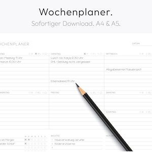 May include: A weekly planner with a black pencil on top of it. The planner is divided into days of the week, with space for writing appointments and tasks. The planner also includes a section for goals and important items.