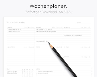 Wochenplaner PDF, Terminplan Vorlage, deutsch, DIN A4, DIN A5, Home-Office, Schule, Familie