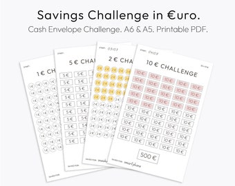 Euro Challenge, Savings Challenge, Cash Envelope Stuffing, Savings Tracker, Downloadable PDF, Printable, A6, Planner Template