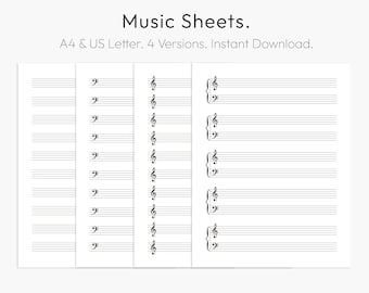 Notenblätter, Druckbar, Blanko Notenblatt, Klavierstab Papier, Blanko Musikpapier, Violinschlüssel, Instant Download PDF, A4, Letter