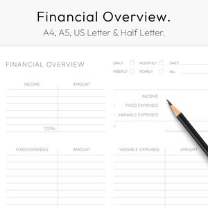 Puede incluir: Una plantilla de resumen financiero imprimible en blanco y negro con secciones para ingresos, gastos fijos y gastos variables. La plantilla incluye campos para el seguimiento diario, semanal, mensual y anual, así como un campo de fecha y un campo de número.
