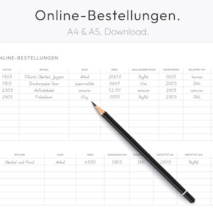 May include: A white sheet of paper with a grid pattern and handwritten text in black ink. The text includes the words "Online-Bestellungen", "Datum", "Artikel", "Shop", "Preis", "Zahlungsmethode", "Liefertermin", "Geliefert mit", "Retour", "Versanddatum", "Versendet", "Erstattet am", "Erstattet auf".