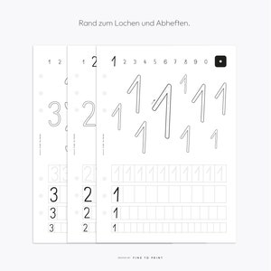 May include: Black and white printable worksheet for practicing writing the number one. The worksheet includes a title "Rand zum Lochen und Abheften." and a section for tracing the number one, followed by a section for writing the number one in rows.