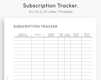 Subscription Tracker, Monthly Subscriptions, Yearly Subscriptions, Expense Chart, Printable, Instant Download PDF, A4, A5, Letter