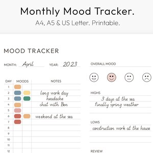 Mood Tracker, Printable, Monthly Mood Planner, Mood Tracker Chart, Instant Download PDF, A4, A5, Letter