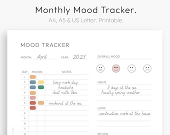 Mood Tracker, Printable, Monthly Mood Planner, Mood Tracker Chart, Instant Download PDF, A4, A5, Letter