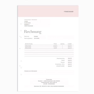 May include: A white invoice template with the heading "Rechnung" (German for invoice) and the text "FIRMENNAME" at the top. The invoice includes fields for the invoice number, invoice date, description, price, quantity, and total amount. The bottom of the invoice includes contact information for the company, including the address, email address, website, and bank details.
