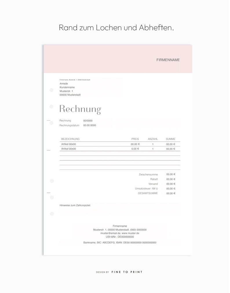 May include: A white invoice template with the heading "Rechnung" (German for invoice) and the text "FIRMENNAME" at the top. The invoice includes fields for the invoice number, invoice date, description, price, quantity, and total amount. The bottom of the invoice includes contact information for the company, including the address, email address, website, and bank details.
