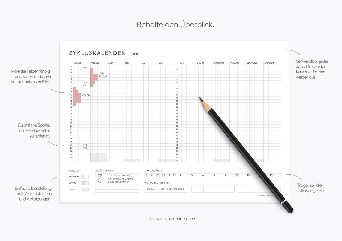 Menstruationskalender, Zykluskalender, Zyklusplan, Periode Kalender 